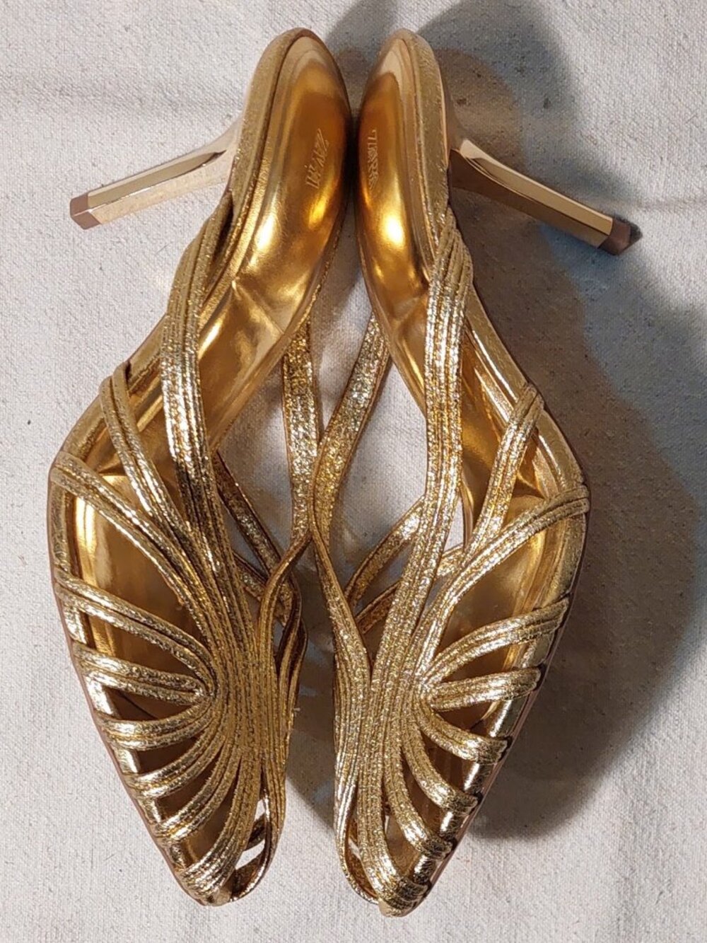 ZARA Gold Cage Metallic Strappy Spike Heeled Mules Size: EU 38 US 7.5 (or) 8